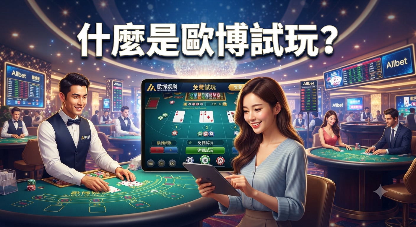 這是一幅展示歐博娛樂試玩體驗的圖片,畫面中一位女性正在使用平板電腦體驗線上賭場遊戲。 背景呈現出豪華且充滿活力的賭場氛圍,強調了「什麼是歐博試玩?」的主題與互動感。