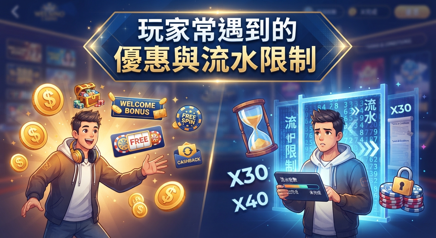 圖片展示了玩家常遇到的優惠與各種流水限制。畫面中結合了迎新獎金、免費旋轉等優惠圖示及倍數限制。